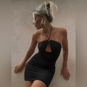 [princess polly] eliza halter ruched o-ring cutout mini dress black 2